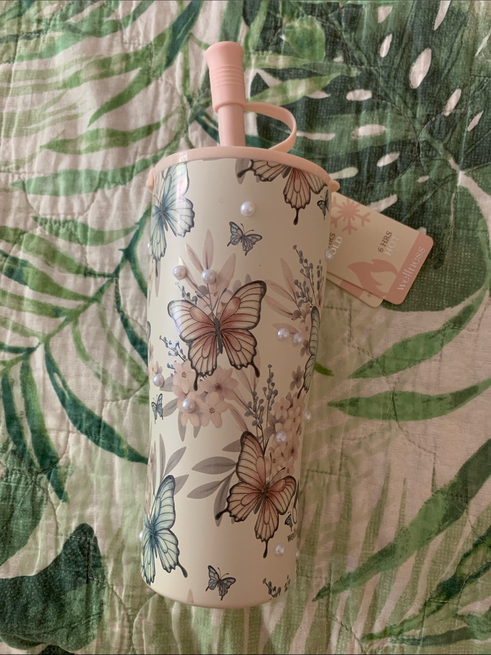 Pink Butterfly Floral Travel Mug - Unbranded Elegant Design